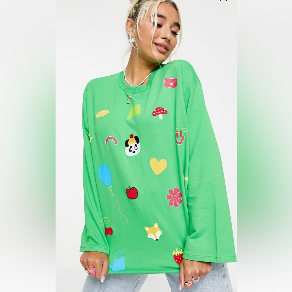 ASOS Native Youth Oversized Green Sweatshirt Fox Panda Embroidered